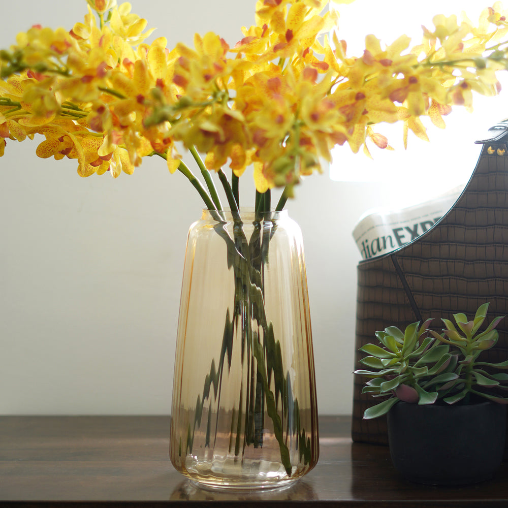 Amber Tall Ribbed Glass Vase - Small