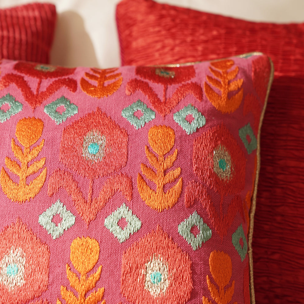Pink and Orange Embroidered Cushion Cover