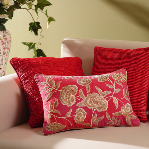 Pink Floral Embroidered Rectangle Cushion Cover