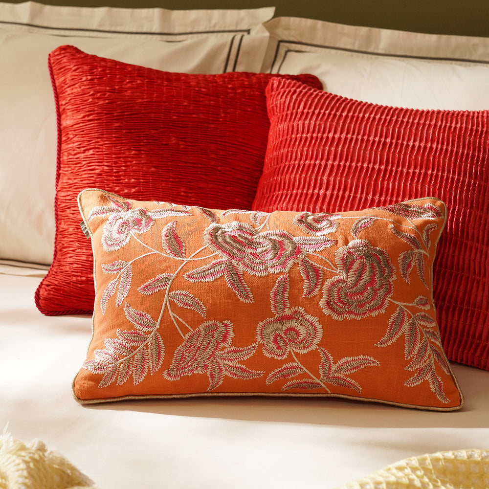 Orange Floral Embroidered Rectangle Cushion Cover