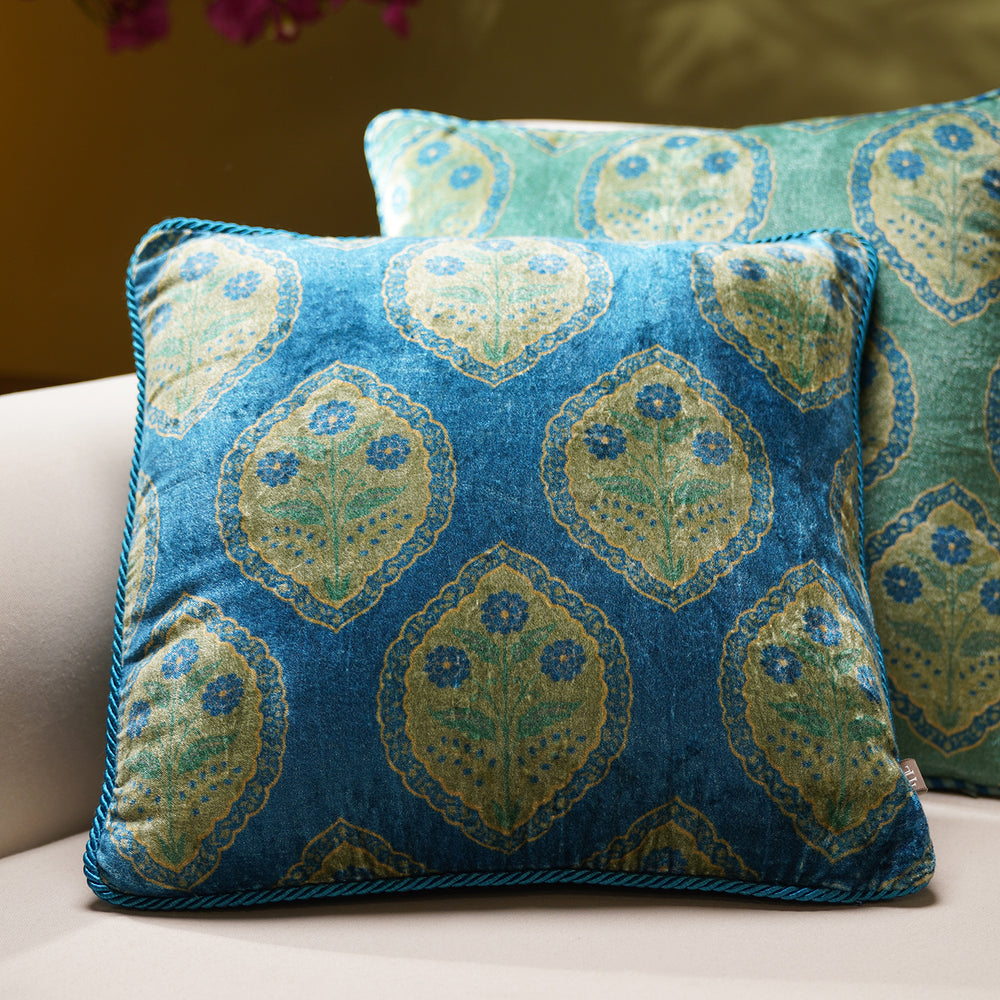 Blue Motif Printed Velvet Square Cushion