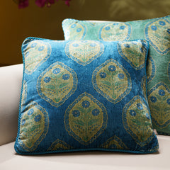 Blue Motif Printed Velvet Square Cushion