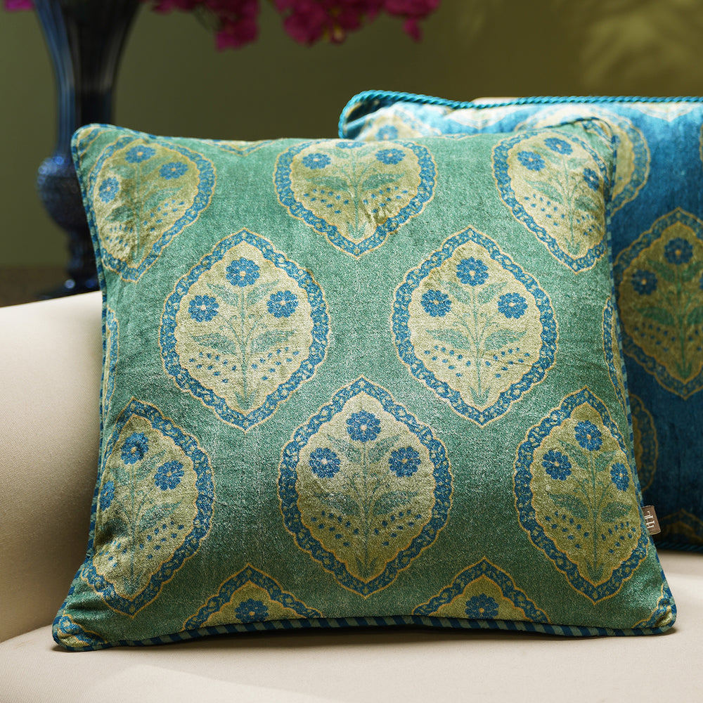 Green Motif Printed Velvet Square Cushion