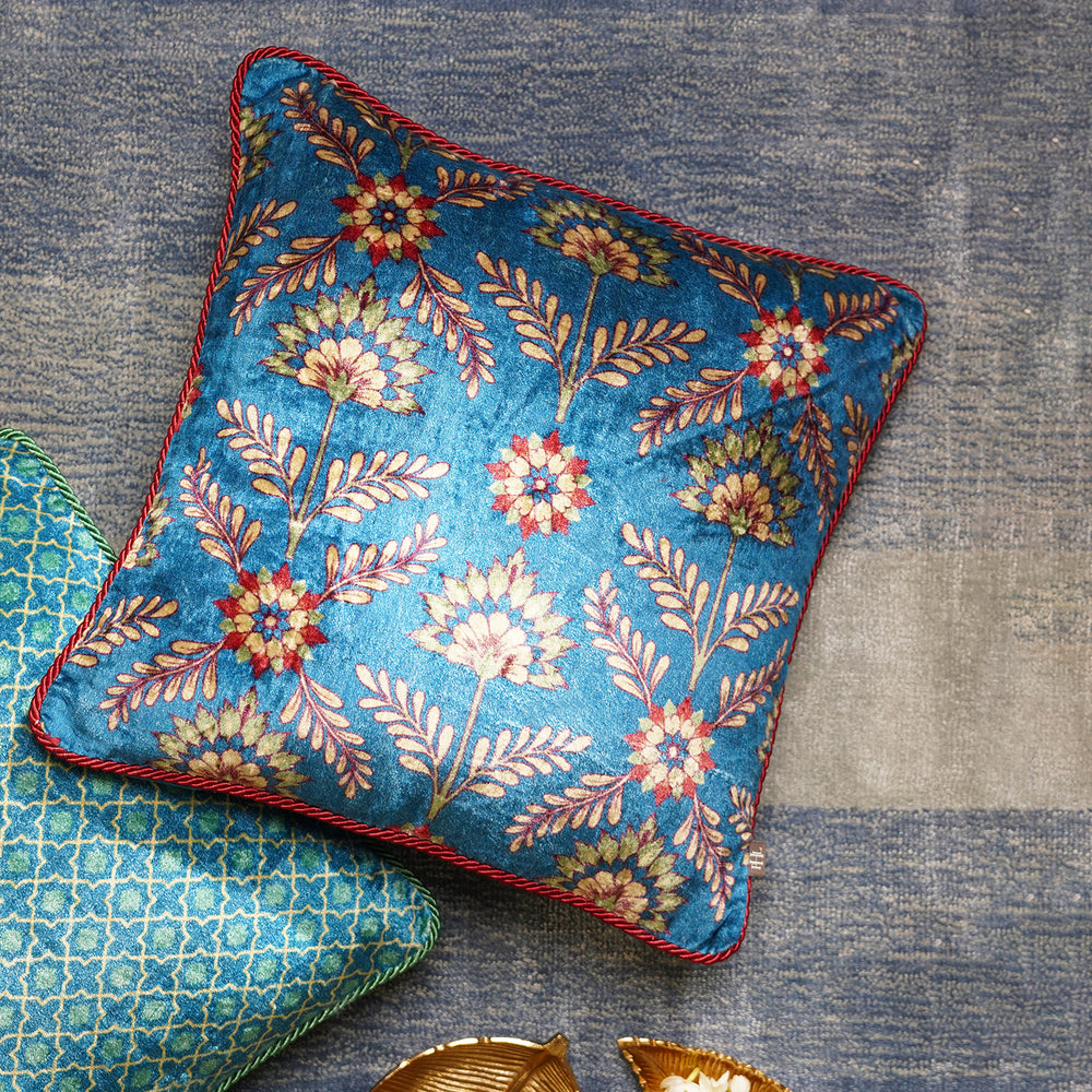 Blue and Red Printed Velvet Square Cushion
