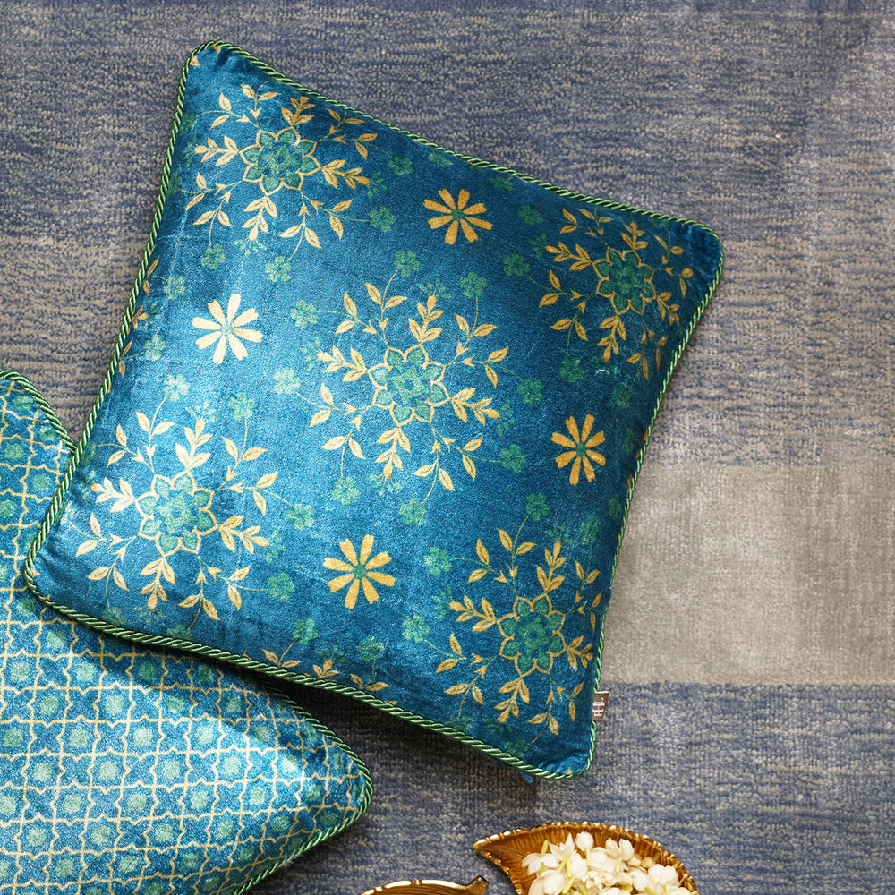 Blue and Green Printed Velvet Square Cushion