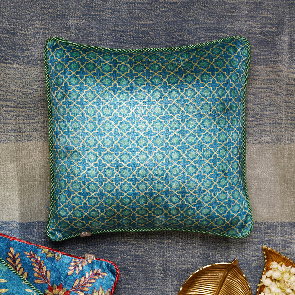 Blue and Green Printed Velvet Square Cushion