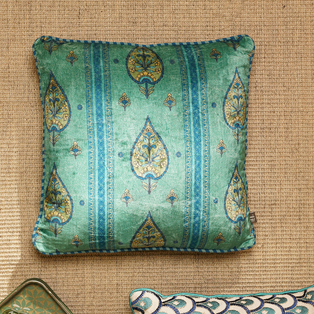 Blue Leaf Motif Velvet Square Cushion