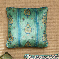 Blue Leaf Motif Velvet Square Cushion