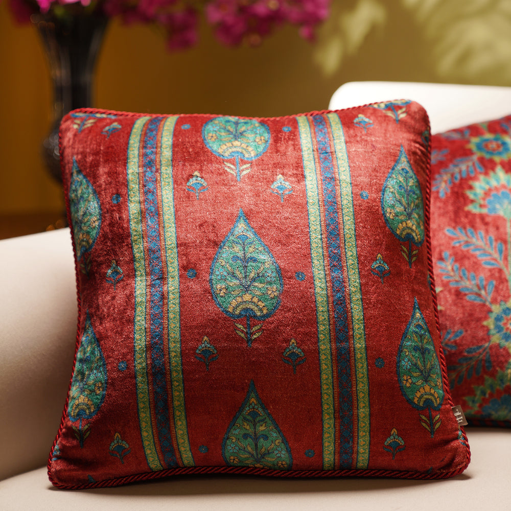 Red Leaf Motif Velvet Square Cushion