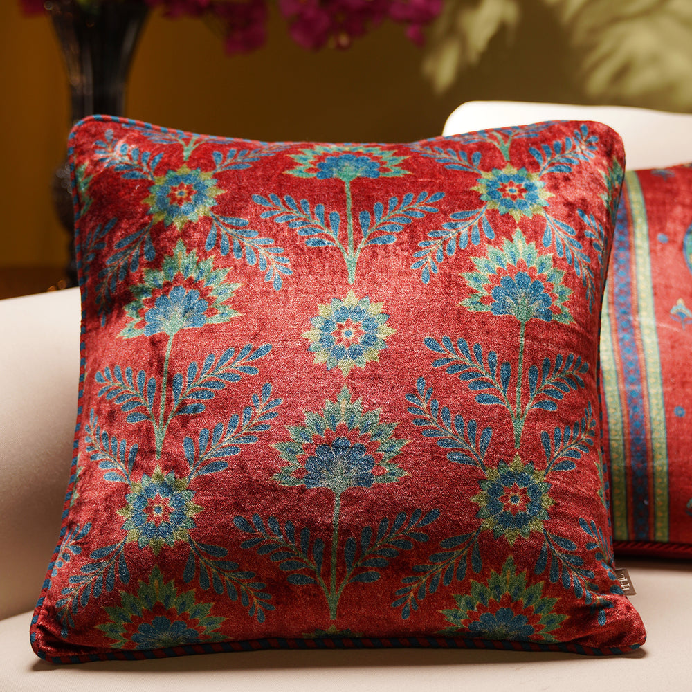 Red Motif Velvet Square Cushion