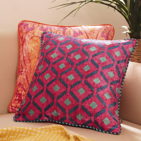 Pink Geometric Digital Print Velvet Square Cushion Cover