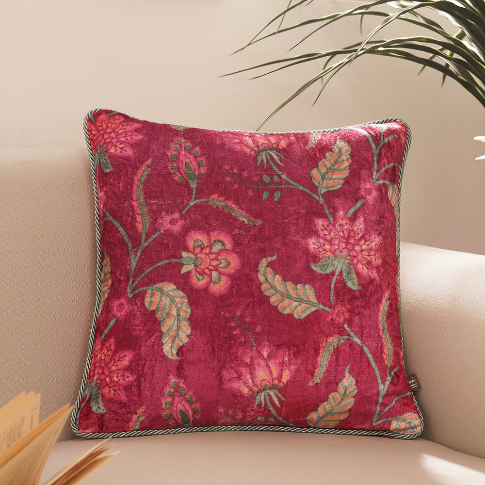 Pink Floral Digital Print Velvet Square Cushion Cover