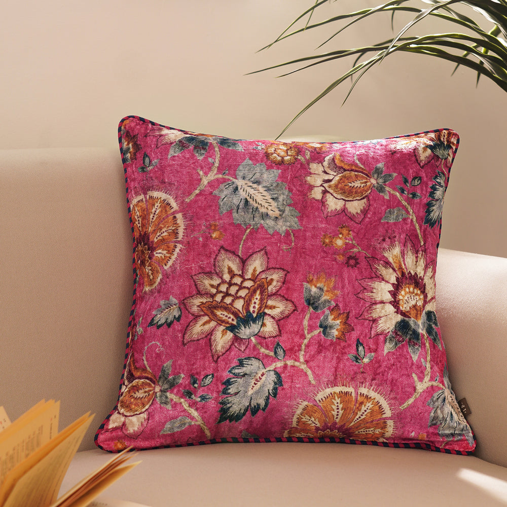 Pink Floral Digital Print Velvet Square Cushion Cover