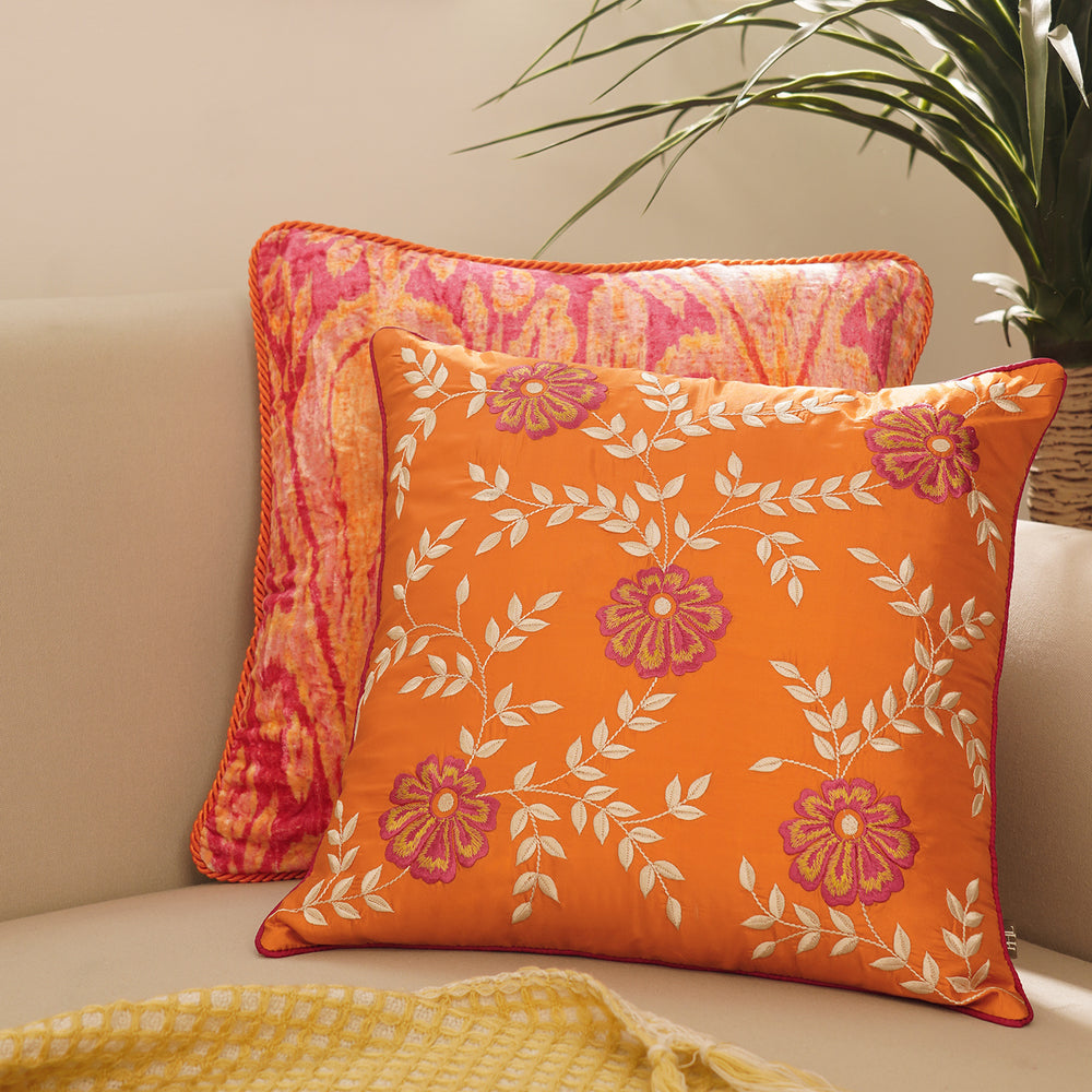 Orange Vine Embroidered Sqaure Cushion Cover