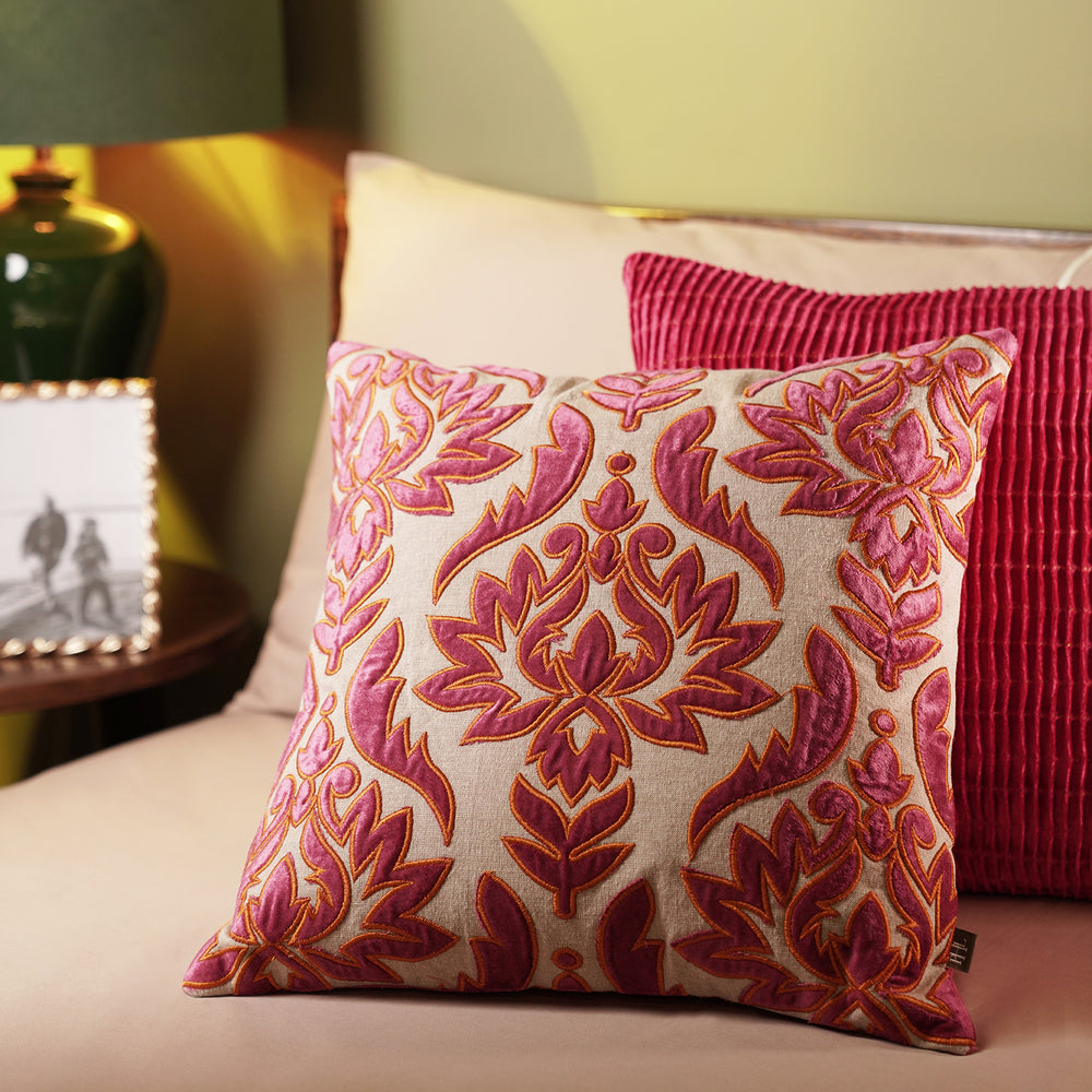 Ivory and Orange Patch Velvet Square Cushion Cover