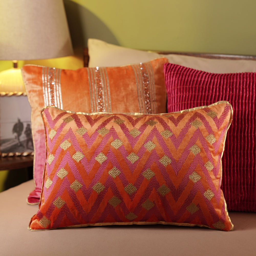 Pink & Orange Ombre Embroidered Velvet Cushion Cover