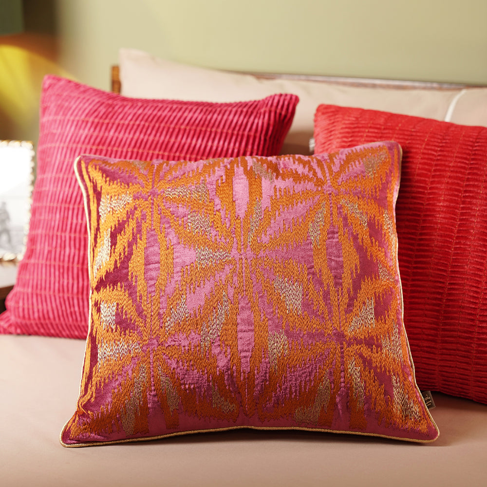 Pink and Orange Abstract Embroidered Square Cushion Cover