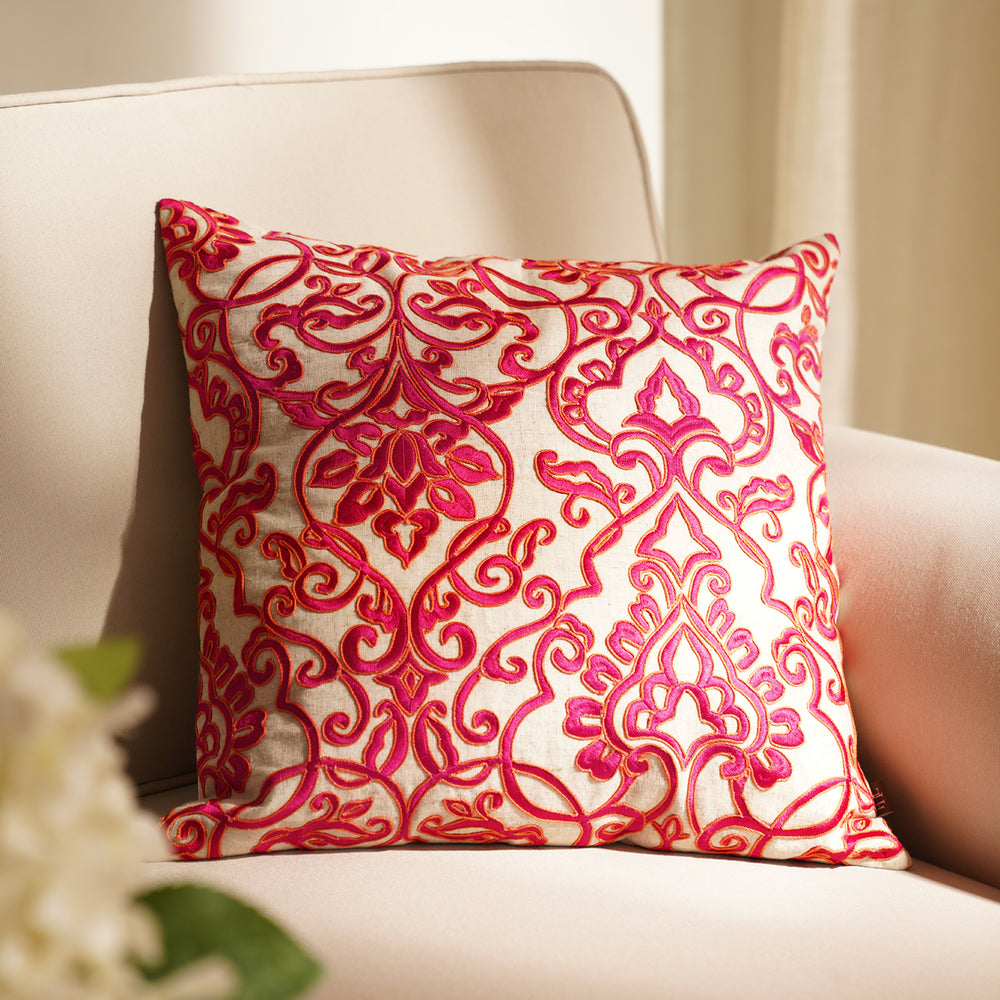 Pink Embroidered Square Cushion Cover
