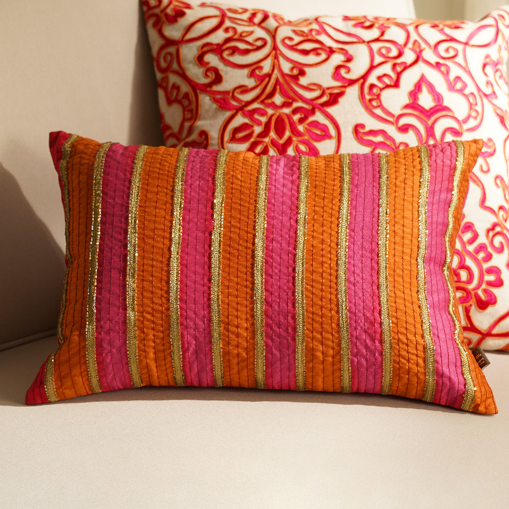 Pink and Orange Embroidered Rectangle Cushion Cover