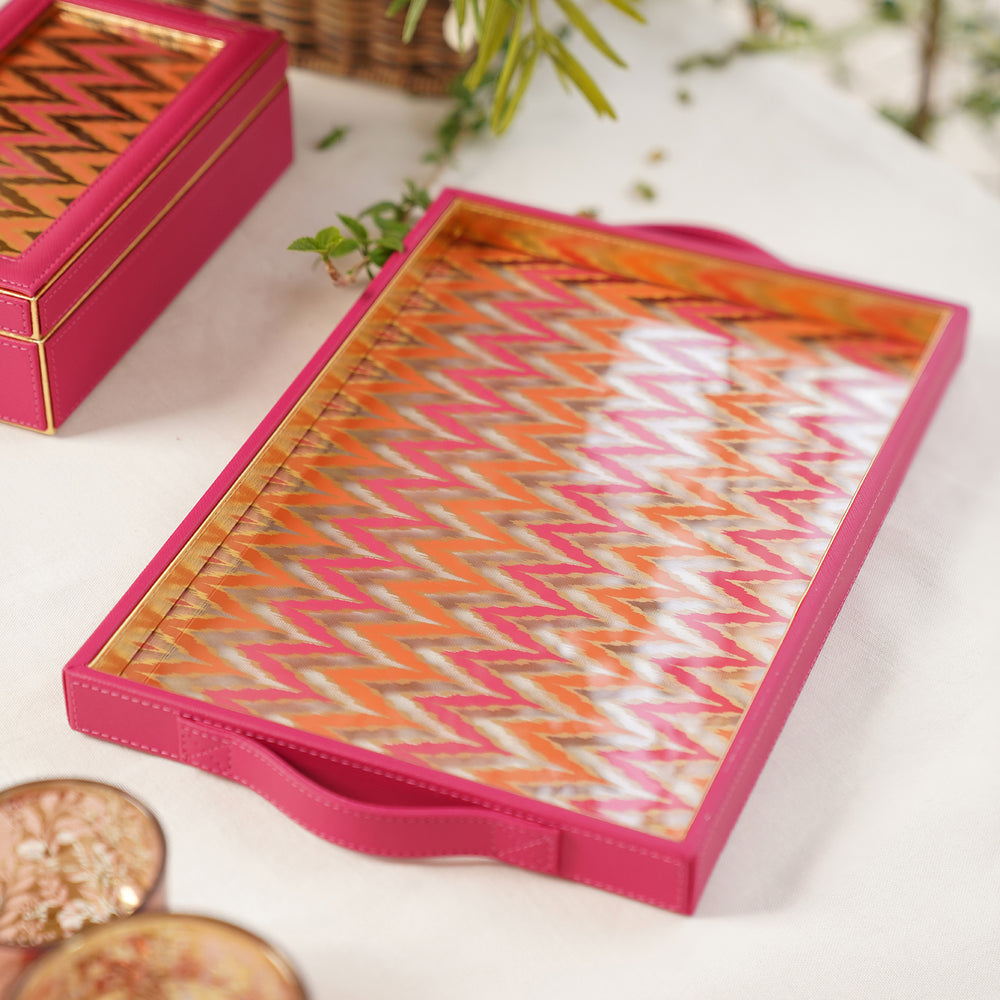 Pink Chevron Print Faux Leather Rectangular Tray