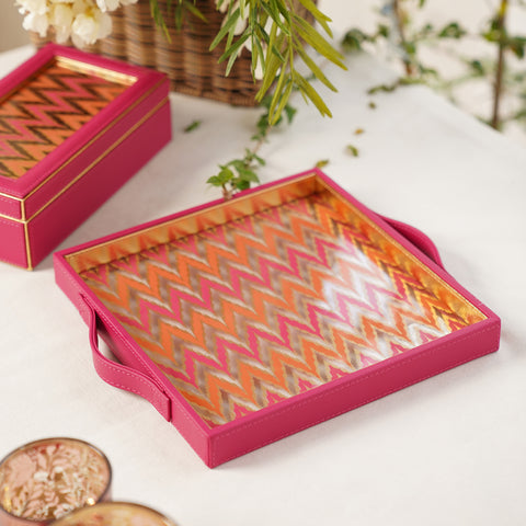 Pink Chevron Print Faux Leather Square Tray