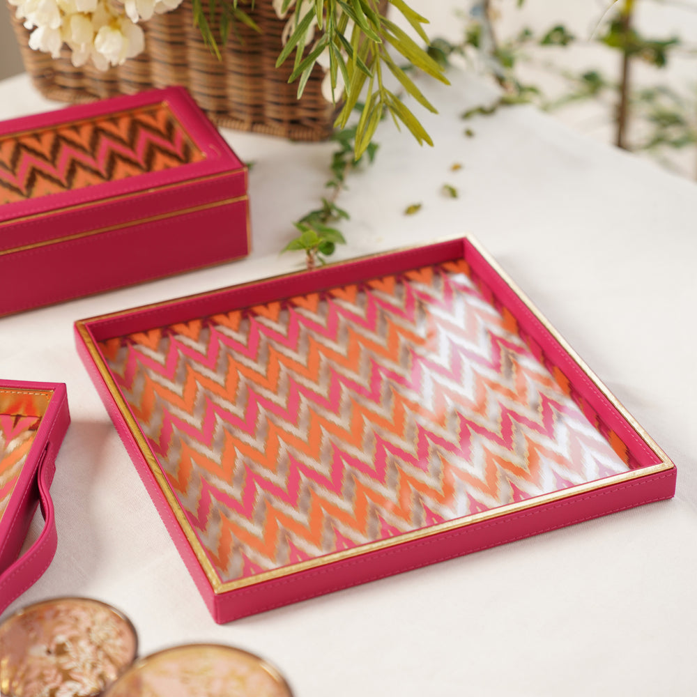 Pink Chevron Print Faux Leather Square Platter