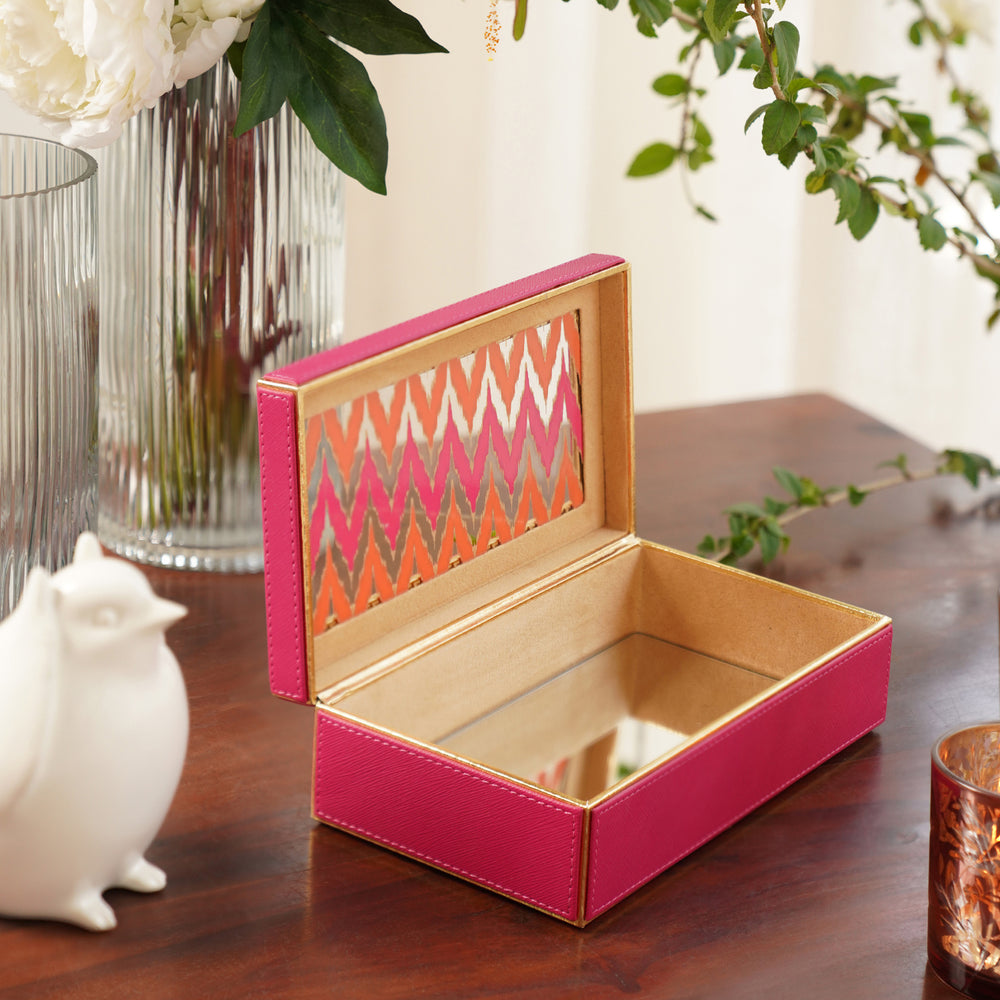 Pink Chevron Print Faux Leather Storage Box with Lid