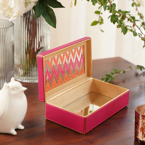 Pink Chevron Print Faux Leather Storage Box with Lid