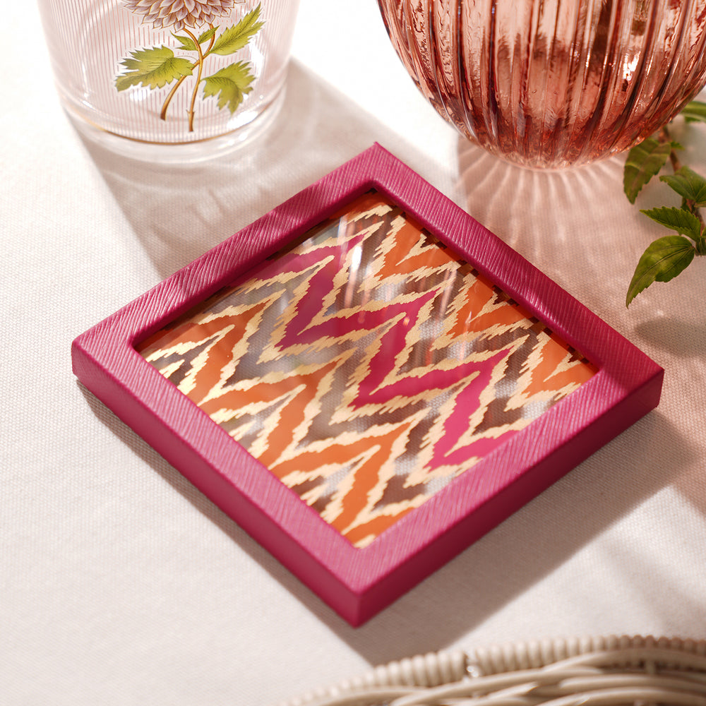 Pink Chevron Print Faux Leather Coaster