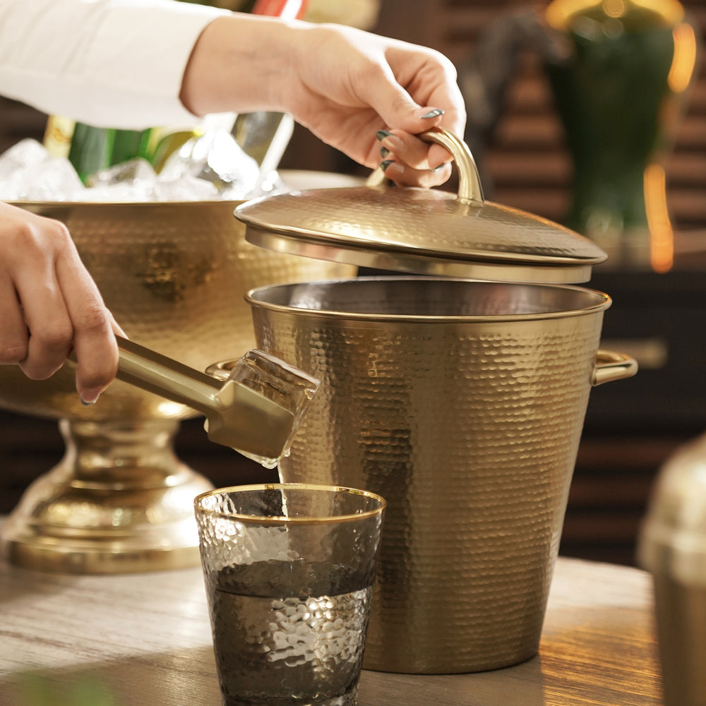 Gold Matt Hammered Metal Ice Bucket with Lid & Tong