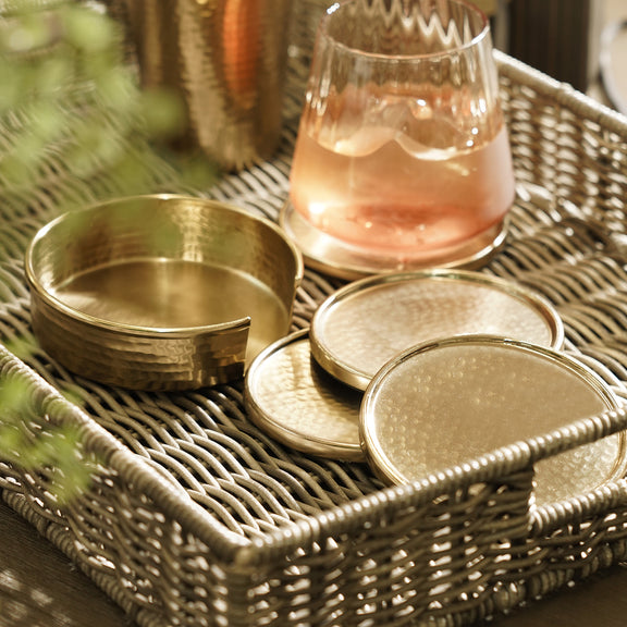 Shop Set Of 4 Gold Matt Hammered Metal Coasters with Stand - at Best ...
