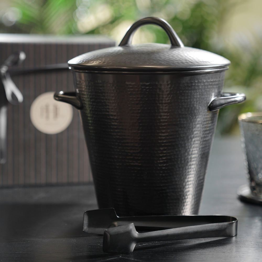 Grey Matt Hammered Metal Ice Bucket with Lid & Tong