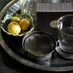 Set Of 4 Grey Matt Hammered Metal Coasters with Stand