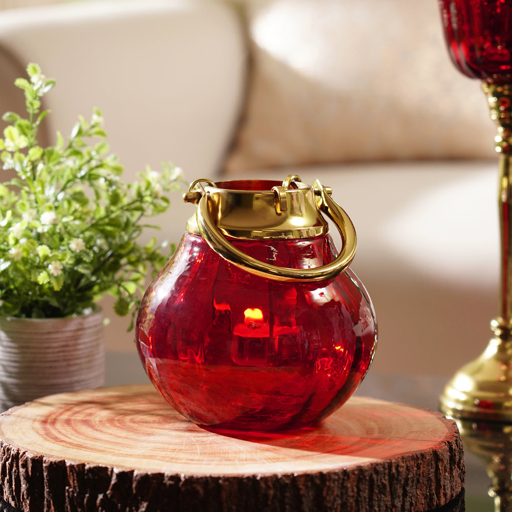 Red Hammered Glass Lantern Tea Light Holder