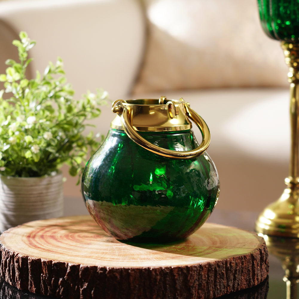 Green Hammered Glass Lantern Tea Light Holder