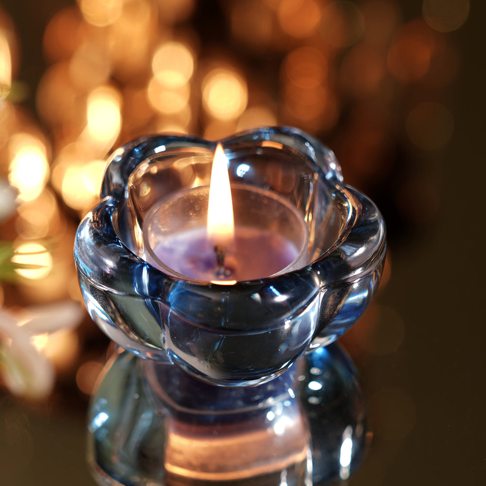 Set of 4 Blue Glass Flower Shaped Tealight Holders