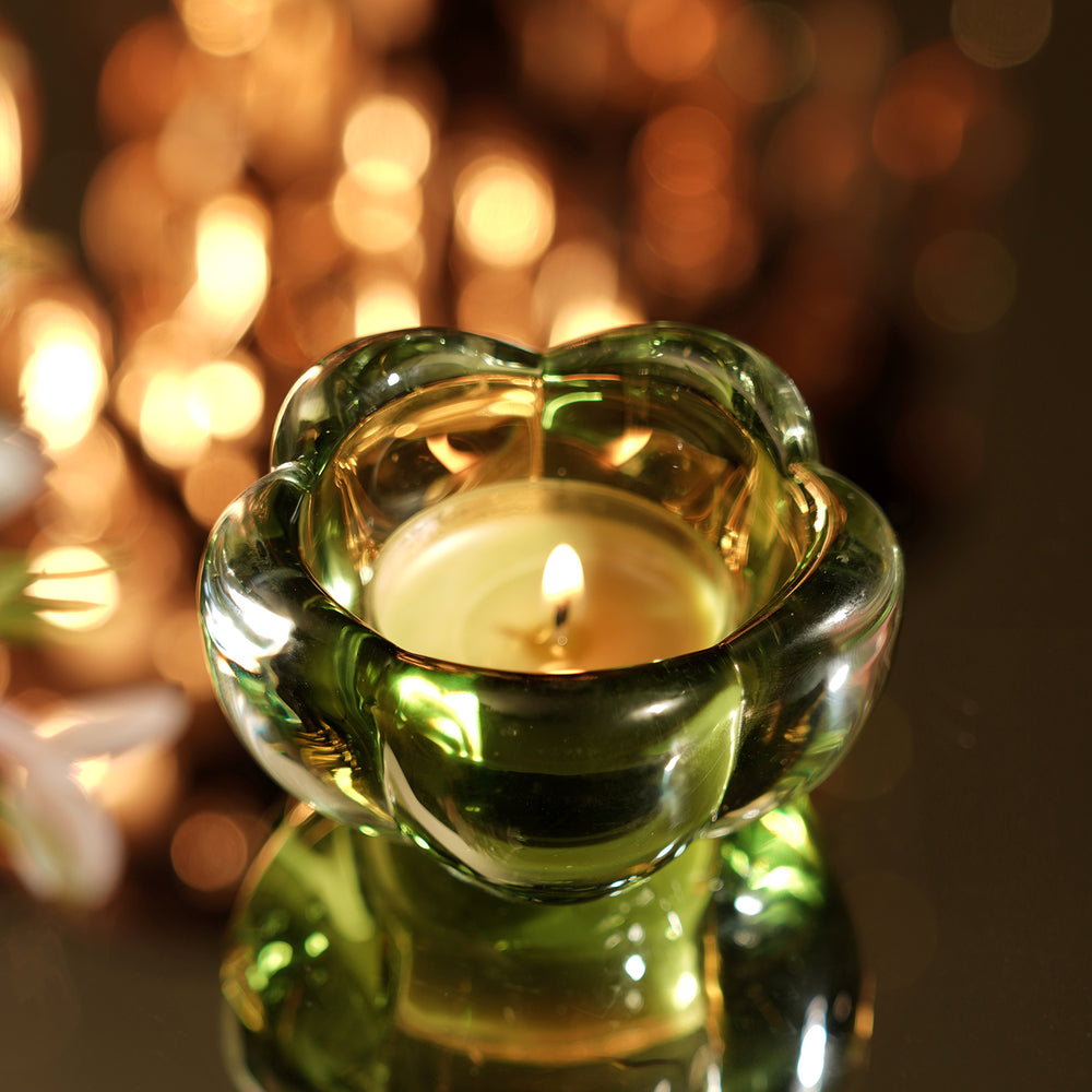 Set of 4 Green Glass Flower Shaped Tealight Holders