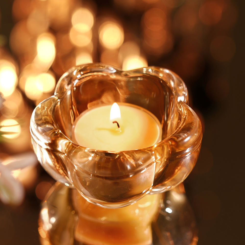 Set of 4 Dark Amber Glass Flower Shaped Tealight Holders