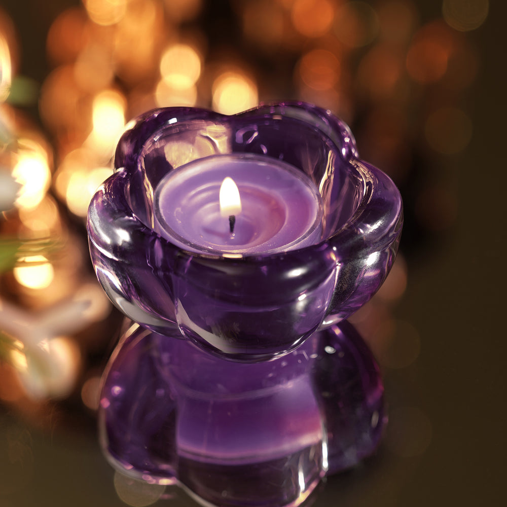 Set of 4 Purple Glass Flower Shaped Tealight Holders