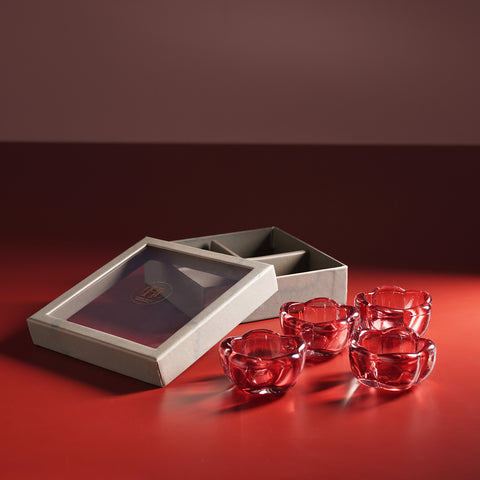 Set of 4 Red Glass Flower Shaped Tealight Holders