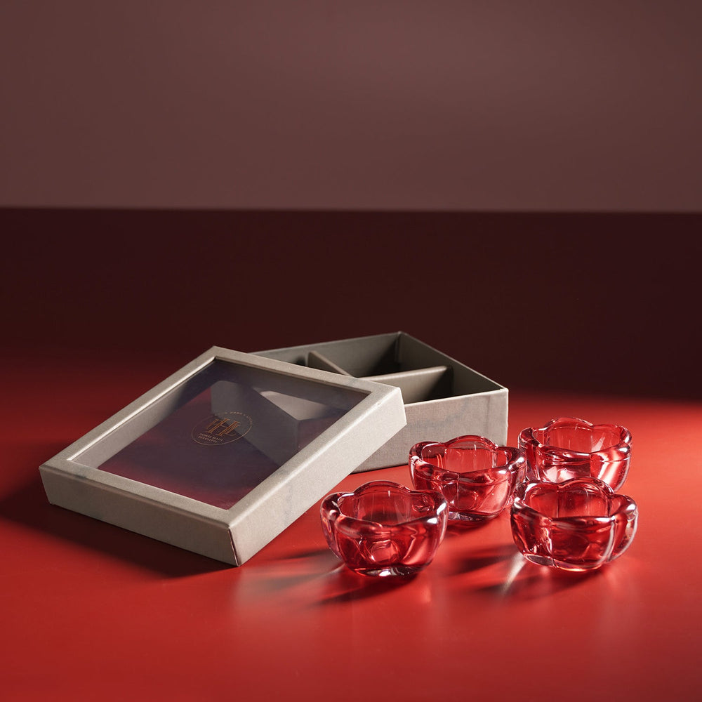 Set of 4 Red Glass Flower Shaped Tealight Holders
