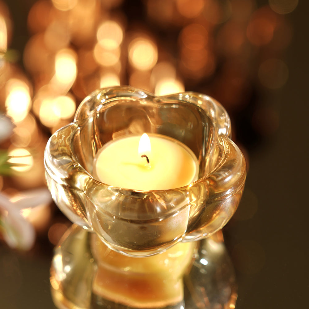 Set of 4 Light Amber Glass Flower Shaped Tealight Holders