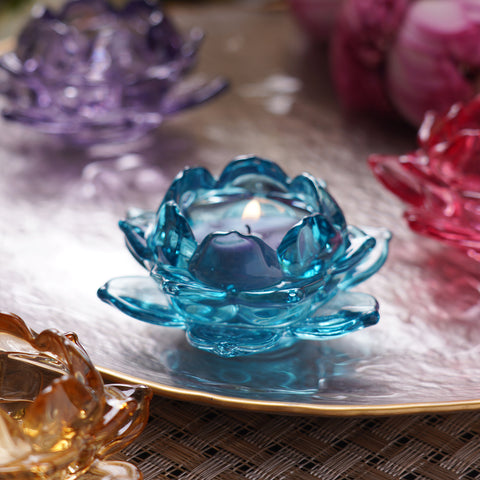 Set of 3 Blue Glass Lotus Shaped Tealight Holders