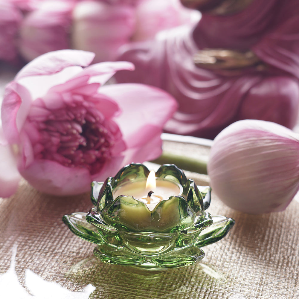 Set of 3 Green Glass Lotus Shaped Tealight Holders