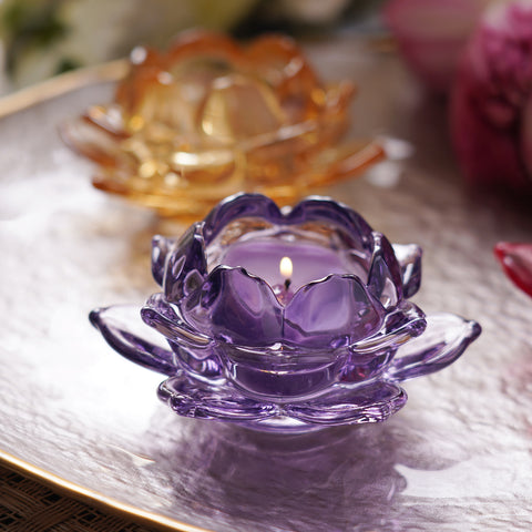 Set of 3 Purple Glass Lotus Shaped Tealight Holders