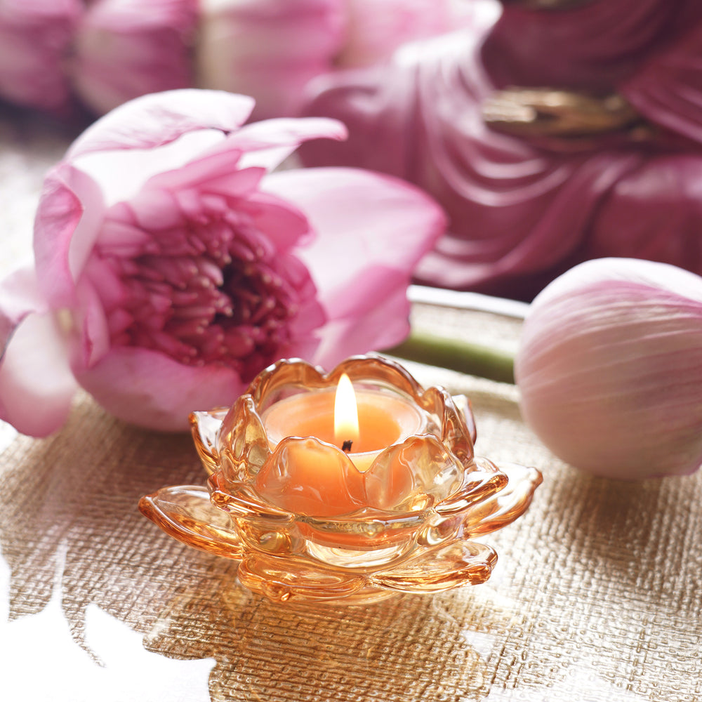 Set of 3 Light Amber Glass Lotus Shaped Tealight Holders