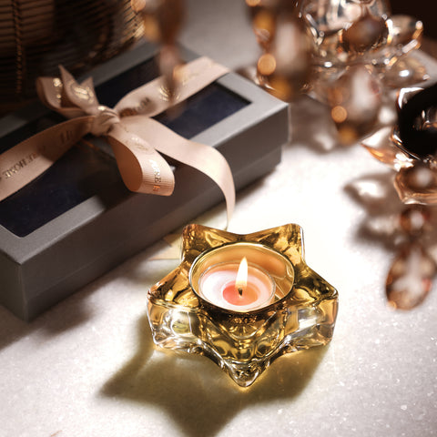 Set of 2 Amber Glass Star Shaped Tealight Holders