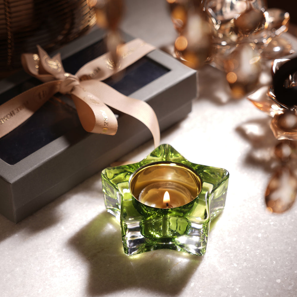 Set of 2 Green Glass Star Shaped Tealight Holders