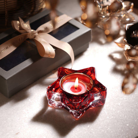 Set of 2 Red Glass Star Shaped Tealight Holders