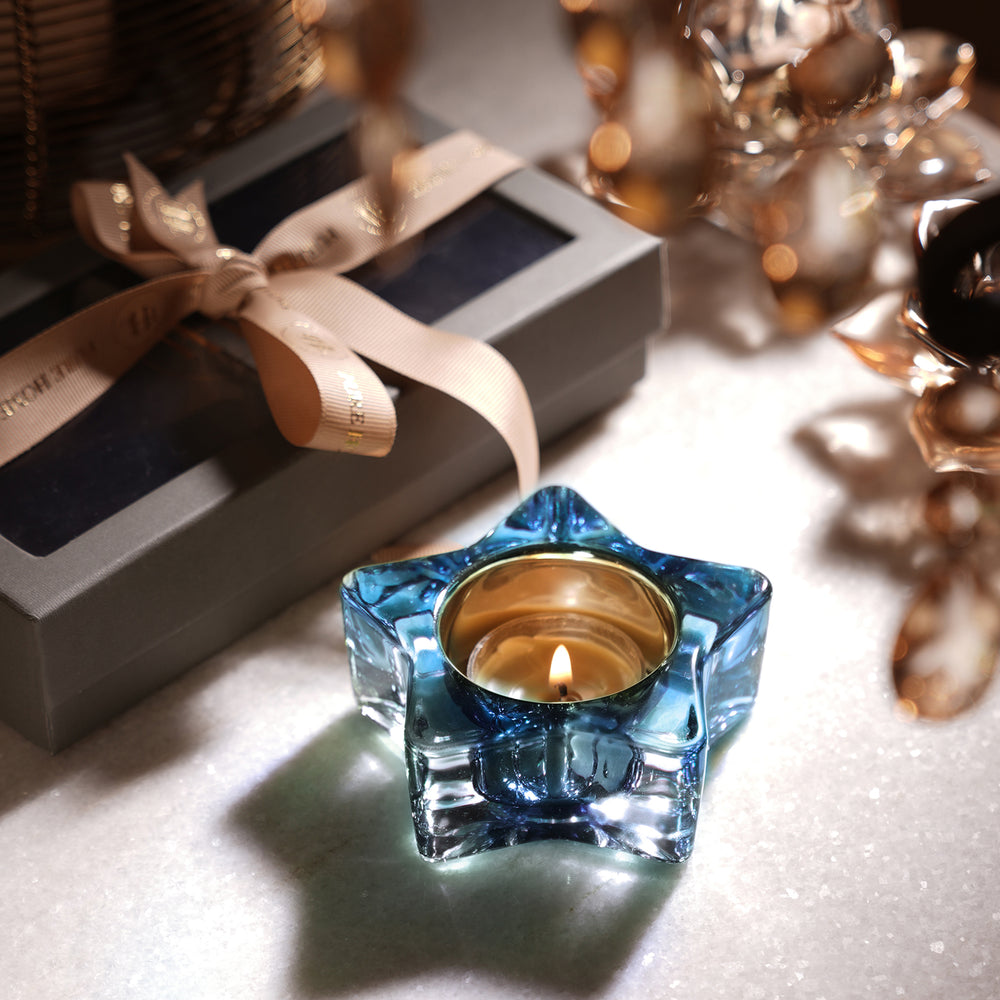 Set of 2 Blue Glass Star Shaped Tealight Holders